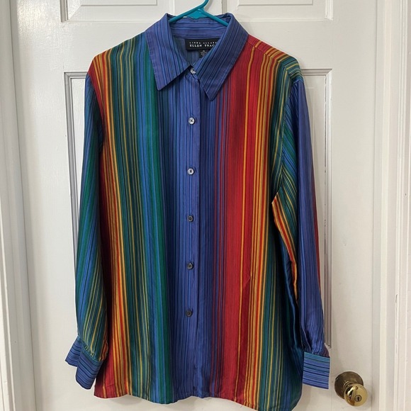 Linda Allard Ellen Tracy Sz 16 Silk Flowy Rainbow Stripe Button Down Shirt - Picture 2 of 4